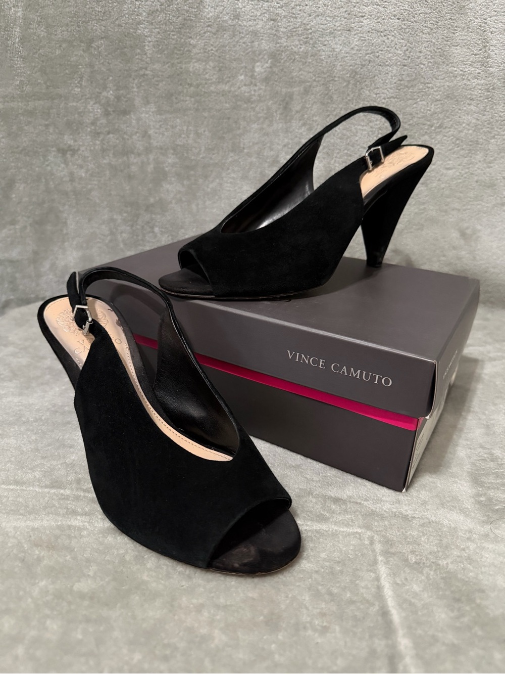 Vince Camuto Black Suede Paelinna Slingback Peep Toe Cone Heels Size 9